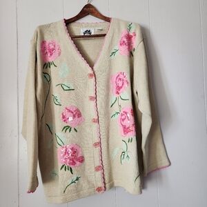 Vintage Storybook Knits 3X Rose Floral Embroidered Cardigan Sweater Beige Pink